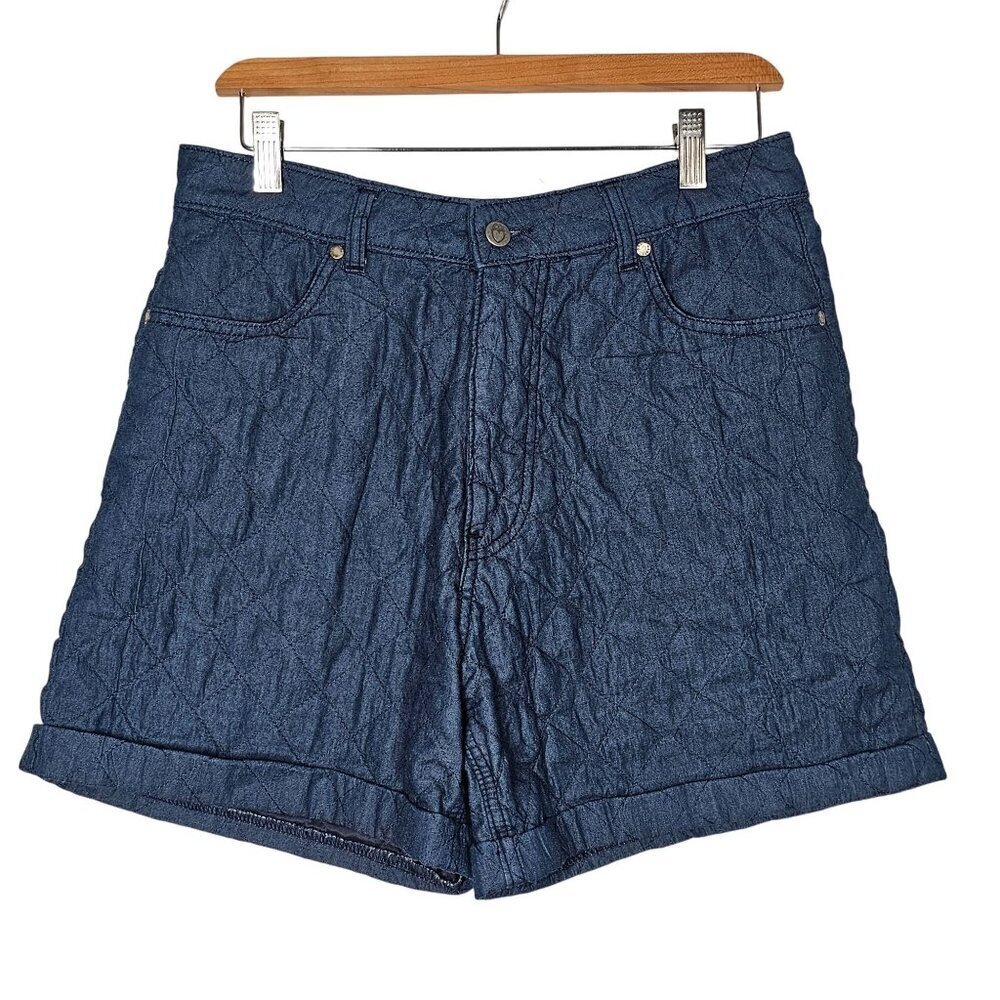 Nasty Gal Womens Quilted Denim Shorts High Rise 100% Cotton Dark Blue Size 8